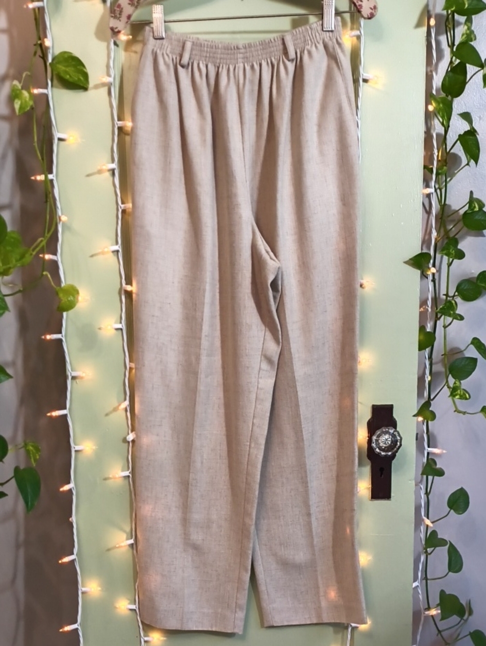 Women's Alfred Dunner Linen Tan Belted Elastic Waist Trouser Slacks 10